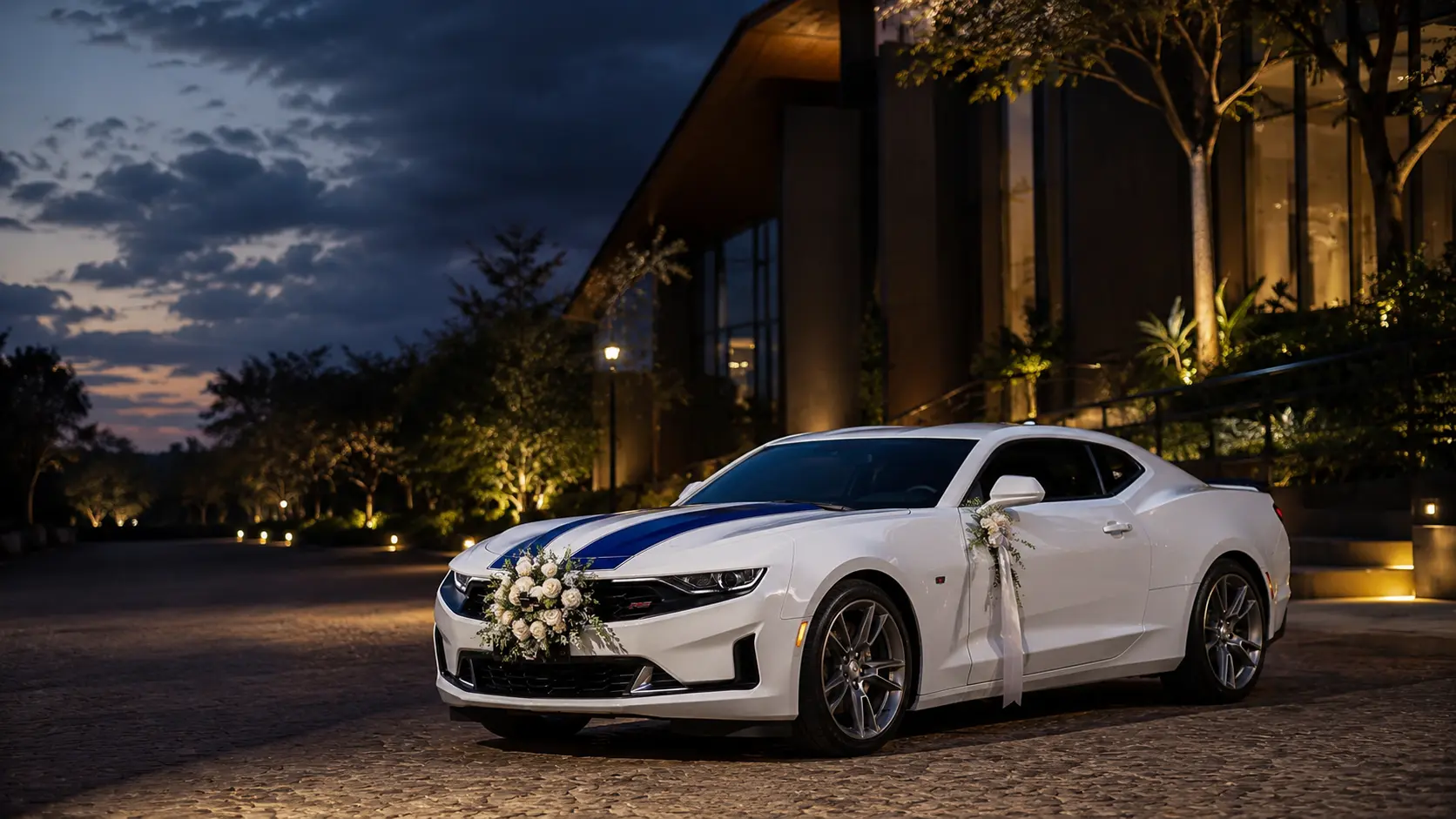 White Chevrolet Camaro RS wedding car with floral hood decoration at golden hour
